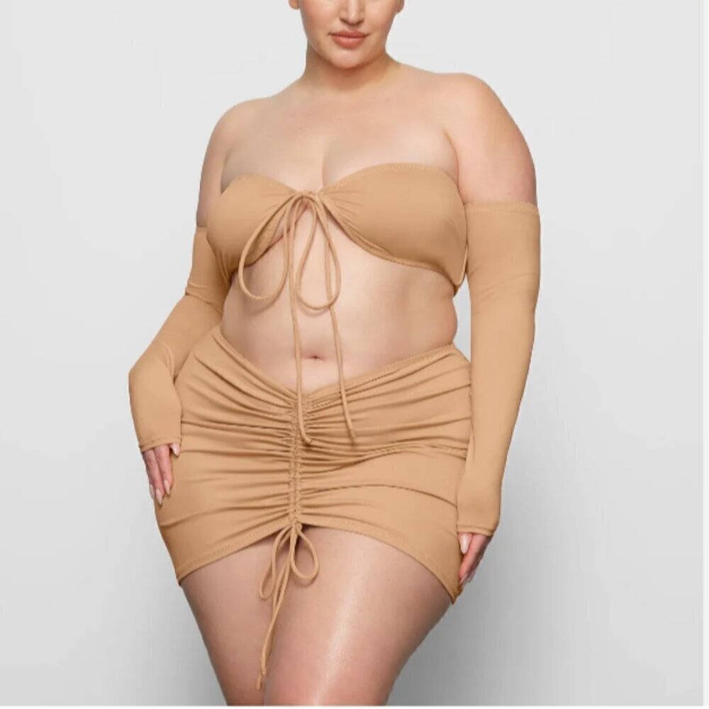 NWT SKIM Sexy Ruched Mini Skirt Cover-up Tight Fitting Almond Brown Size 2XL XXL